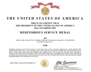 Meritorious Service Medal Certificate