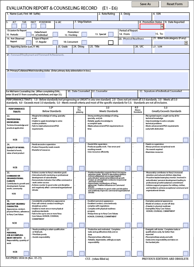 NAVPERS 1616/26 Evaluation Report & Counseling Record (E1 - E6)