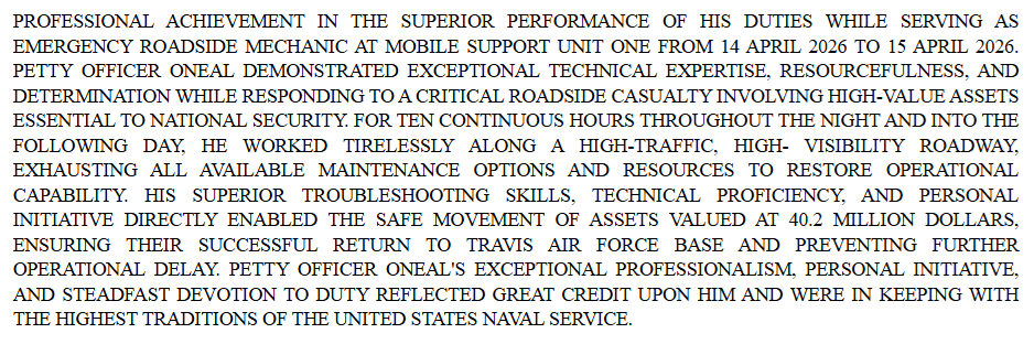 Navy Award of the Week dated 20 October 2026