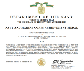 Navy Achievement Medal Certificate